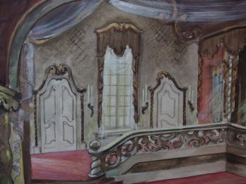 Lode IVO : Dessin d’un décor théâtral pour un salon baroque, gouache et aquarelle originale, signée 2
