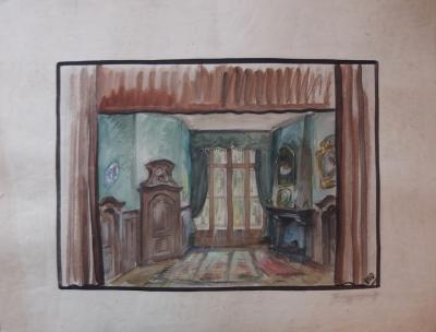 Lode IVO : Dessin préparatoire pour une scène de chambre, gouache et aquarelle originale, signée 2