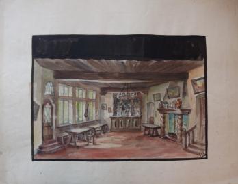 Lode IVO : Dessin d’un décor théatral d’une auberge de la Renaissance, gouache et aquarelle originale, signée 2