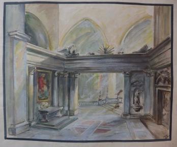 Lode IVO : Dessin préparatoire d’une scène de théâtre incarnant un palais, gouache et aquarelle originale, signée 2