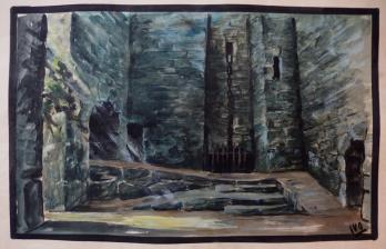 Lode IVO : Dessin d’une cour d’un château fort médiéval pour un décor théâtral, gouache et aquarelle originale, signée 2