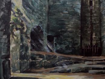 Lode IVO : Dessin d’une cour d’un château fort médiéval pour un décor théâtral, gouache et aquarelle originale, signée 2