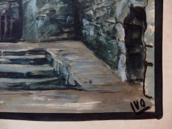 Lode IVO : Dessin d’une cour d’un château fort médiéval pour un décor théâtral, gouache et aquarelle originale, signée 2