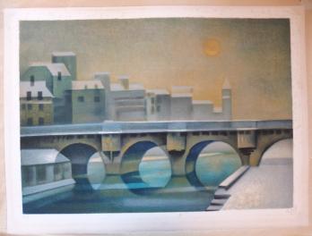 Louis TOFFOLI :Le Pont Neuf (La Seine sous la neige), lithographie originale, signée 2