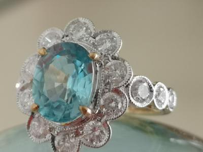 Ring White Gold 18 ct. Blue Zircon from Cambodia 3.3 cts  and Diamonds 2