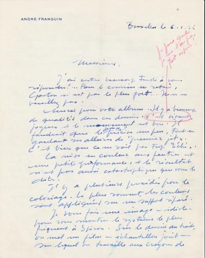 ANDRE FRANQUIN - Lettre autographe signée sur les albums SPIROU 2
