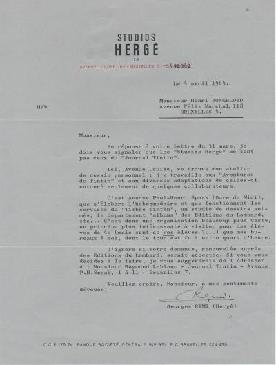 HERGE - Lettre signée sur le Journal Tintin et les Studios Hergé 2