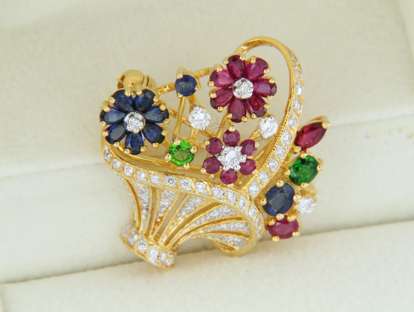 Broche Ancienne Panier De Fleurs Multicolores - Plaqué Or - Occasion Vintage