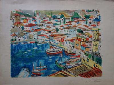 François DESNOYER : Petit port en Provence, Lithographie originale signée 2