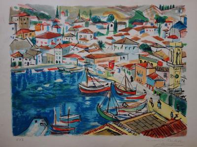 François DESNOYER : Petit port en Provence, Lithographie originale signée 2