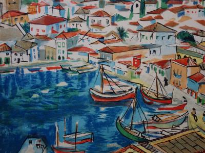 François DESNOYER : Petit port en Provence, Lithographie originale signée 2