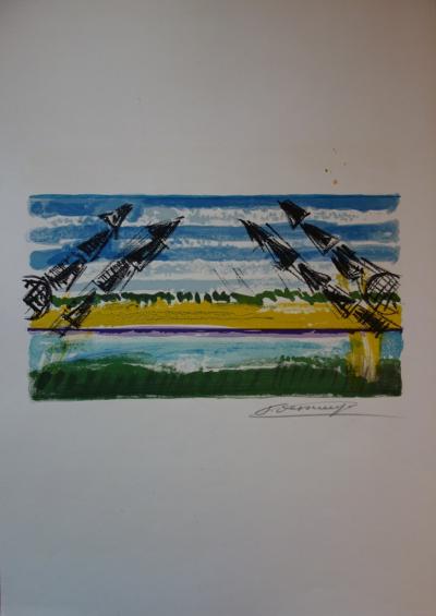 François DESNOYER : Maisons en Camargue, Lithographie originale signée 2
