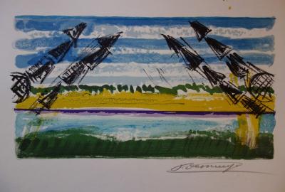 François DESNOYER : Maisons en Camargue, Lithographie originale signée 2