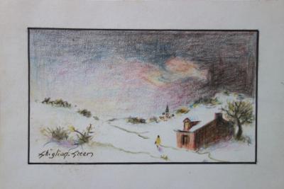 Maurice GHIGLION GREEN : Paysage de montagne sous la neige - Dessin original au pastel Signé 2
