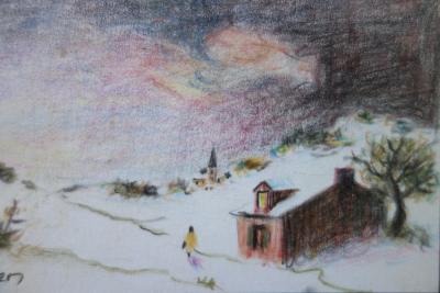 Maurice GHIGLION GREEN : Paysage de montagne sous la neige - Dessin original au pastel Signé 2