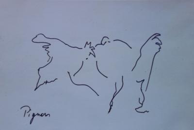 Edouard PIGNON : Coq et poule amoureux - Dessin original à l’encre Signé 2