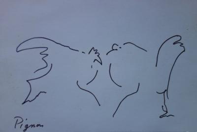Edouard PIGNON : Coq et poule - Dessin original au feutre Signé 2