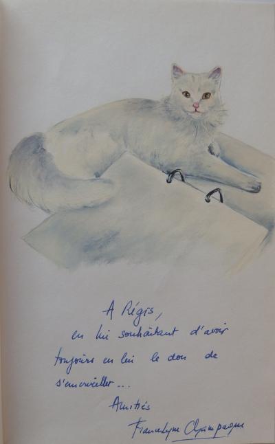 France-Lyne CHAMPAGNE : Chat blanc - Huile sur papier Signé 2
