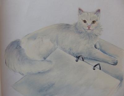 France-Lyne CHAMPAGNE : Chat blanc - Huile sur papier Signé 2