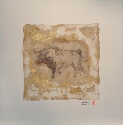 TAKA MIZUKAMI,né en 1941:Taureau.Technique mixte sur bois 2