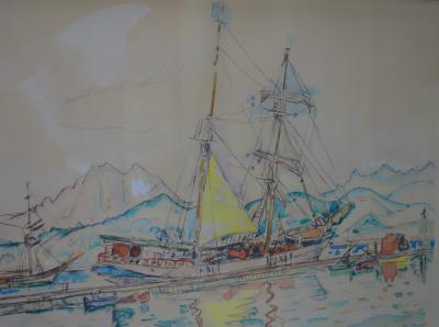Paul SIGNAC : Bateaux à voile dans la Baie d’Ajaccio, Lithographie signée 2