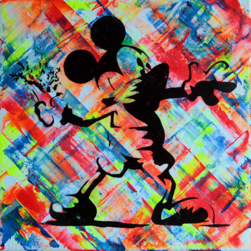 Tableau Pop Art Banksy Style - Mickey Ballon Cœur, Street Art Graffiti Français Signé PYB
