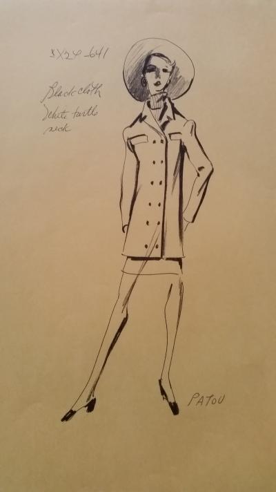 Jean PATOU - Croquis tailleur jupe - Black cloth white turtle neck 2