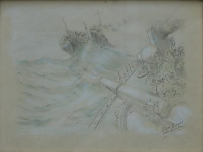 Léon BITEAU : Bataille navale, Dessin original signé - 1915 2