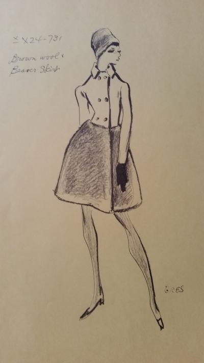 Madame Grès - Croquis manteau - Brown wool & beaver skirt 2