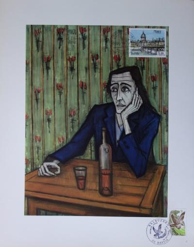 Bernard Buffet : Femme au verre de vin, Illustration ornée du timbre et du cachet signature (1978) 2