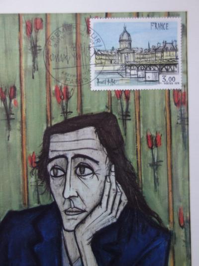 Bernard Buffet : Femme au verre de vin, Illustration ornée du timbre et du cachet signature (1978) 2