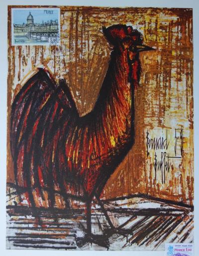 Bernard Buffet : Le Coq, Illustration ornée du timbre et du cachet signature (1978) 2