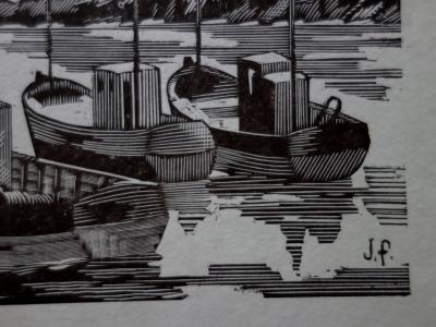 Jean FEUGEREUX : Bretagne, Bateaux au mouillage - Bois gravé original signé 2