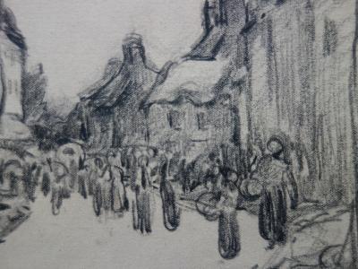 Marcel DELMAS : Jour de marché au village - Dessin original signé 2