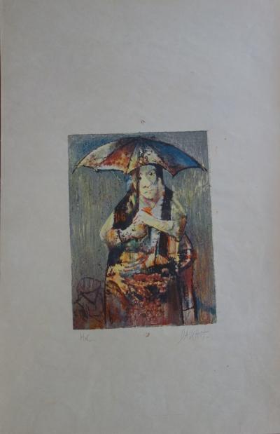 Gabriel DAUCHOT : Femme au parapluie - Lithographie originale Signée 2
