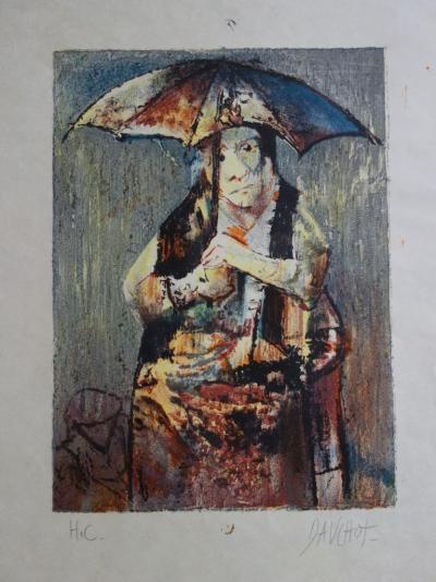 Gabriel DAUCHOT : Femme au parapluie - Lithographie originale Signée 2