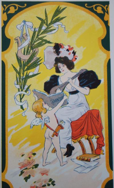 Femme à la mandoline, Lithographie originale  (fin du XIXe siècle) 2