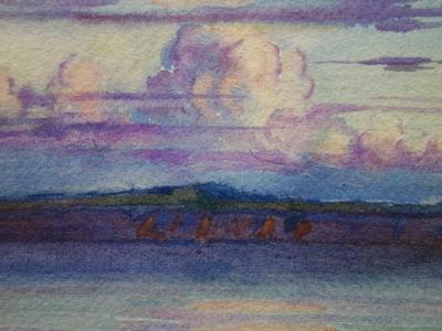 Gustave POETZSCH : Aurore sur la rivière - Aquarelle originale signée 2