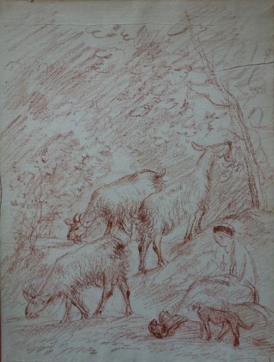 Gustave POETZSCH : Bergère et ses chèvres - Dessin original au pastel sanguine 2