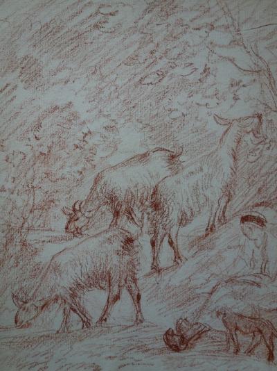 Gustave POETZSCH : Bergère et ses chèvres - Dessin original au pastel sanguine 2