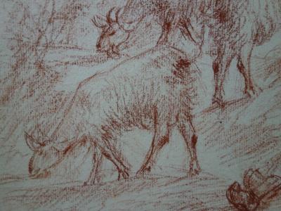 Gustave POETZSCH : Bergère et ses chèvres - Dessin original au pastel sanguine 2