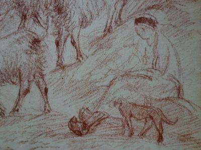 Gustave POETZSCH : Bergère et ses chèvres - Dessin original au pastel sanguine 2