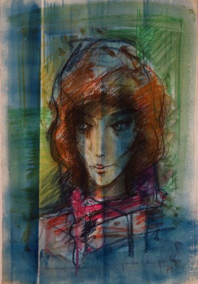 Sacha CHIMKEVITCH : Brune au foulard  - Aquarelle originale signée 2