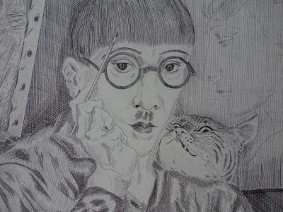 Tsuguharu Léonard FOUJITA : Autoportrait au chat, Gravure originale signée 2