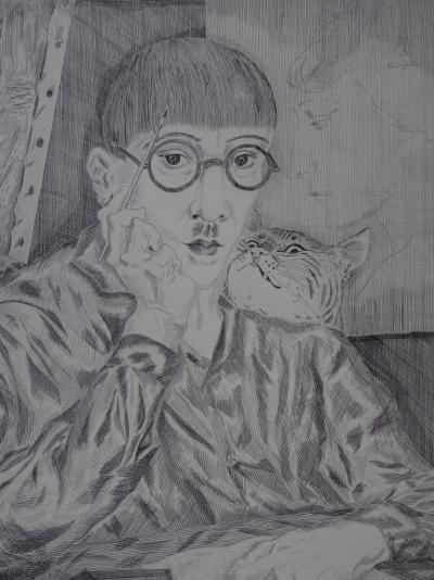 Tsuguharu Léonard FOUJITA : Autoportrait au chat, Gravure originale signée 2