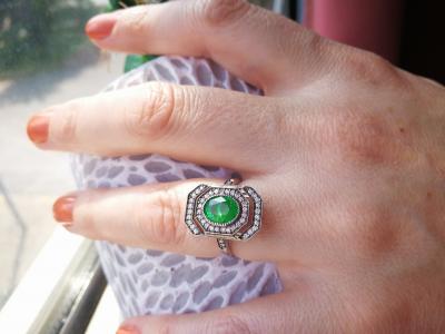 Bague en or 750 (  18 KT  ) de style art déco grenat vert  de 1,65 carat et diamants - certificat 2