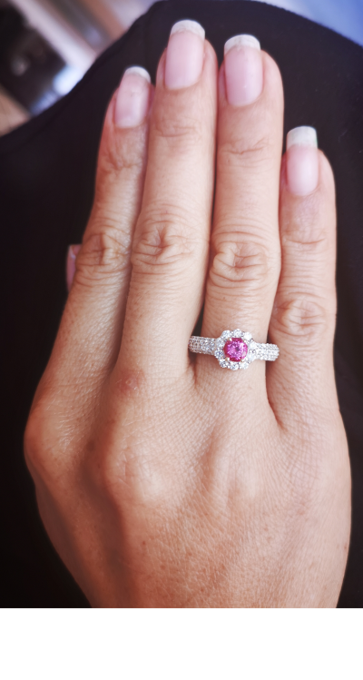 Bague en or gris  de forme jonc spinelle rose naturel garanti  et diamants 2