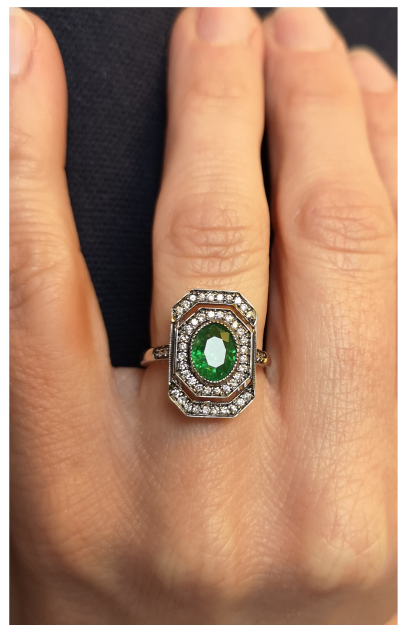 Bague en or 750 (  18 KT  ) de style art déco grenat vert  de 1,65 carat et diamants - certificat 2