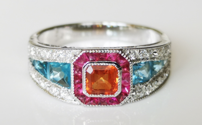 Bague en en or 18 carats de style Art déco saphir orange rubis topazes bleues et diamants - certificat 2
