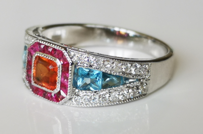 Bague en en or 18 carats de style Art déco saphir orange rubis topazes bleues et diamants - certificat 2